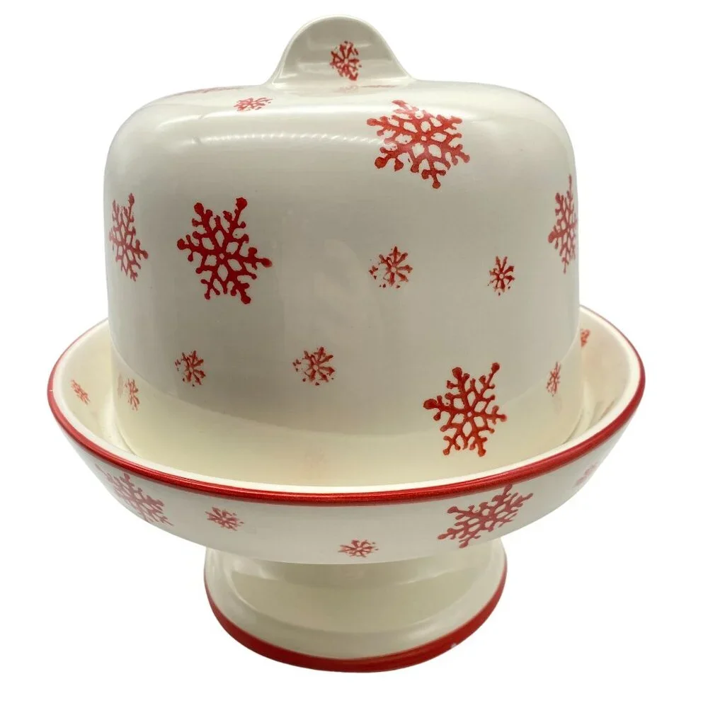 Farval Red white snowflake print covered pie cake dessert stand plate cookies Po